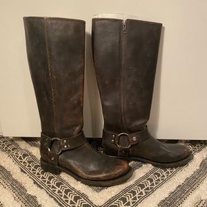 FRYE distressed brown leather buckle moto boots